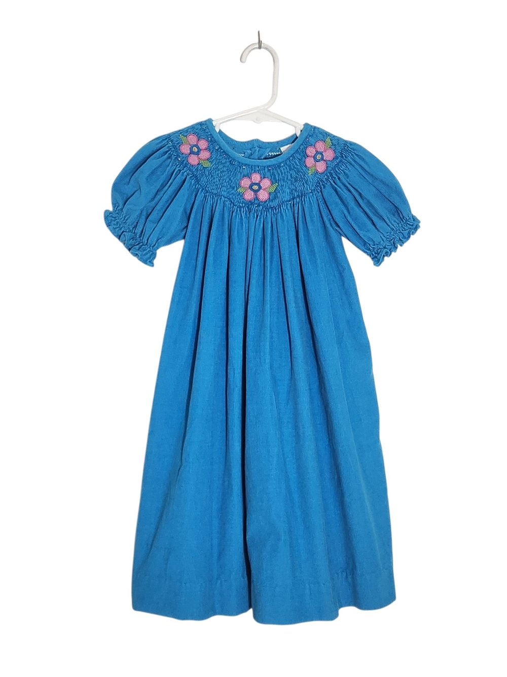 Little English Blue Corduroy Smocked Dress with Pink Embroidered Flowers Size 4T